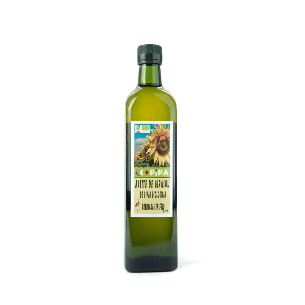 Botella de 750 mililitros de aceite de girasol ecológico sobre fondo transparente