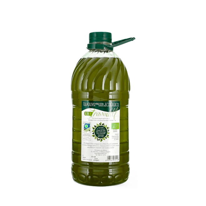 Botella de 2 litros de aceite de oliva ecológico Travadell sobre fondo transparente
