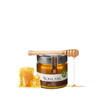 Bote de 300 gramos de miel de tilo ecológica de Bona Mel con un trozo de colmena y un palo de madera de panal sobre fondo transparente