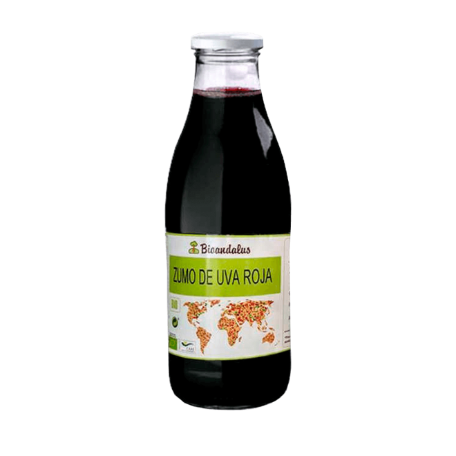 Zumo de uva roja ecológico de biolandalus en una botella de vidrio de 1 litro sobre fondo transparente