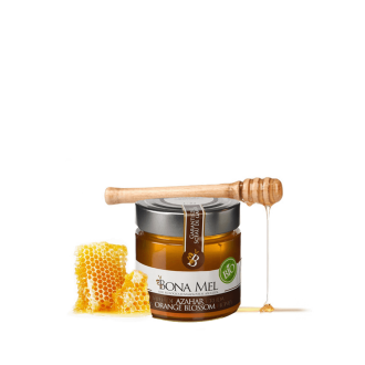 Bote de 300 gramos de miel de azahar ecológica de Bona Mel con un trozo de colmena y un palo de madera de panal sobre fondo transparente