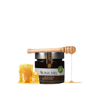 Bote de 300 gramos de miel de montaña ecológica de Bona Mel con un trozo de colmena y un palo de madera de panal sobre fondo transparente
