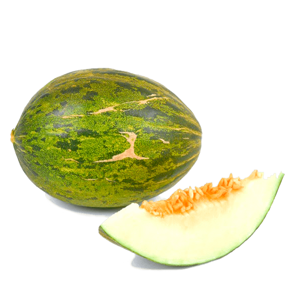Un melón piel de sapo ecológico y una rodaja sobre fondo transparente