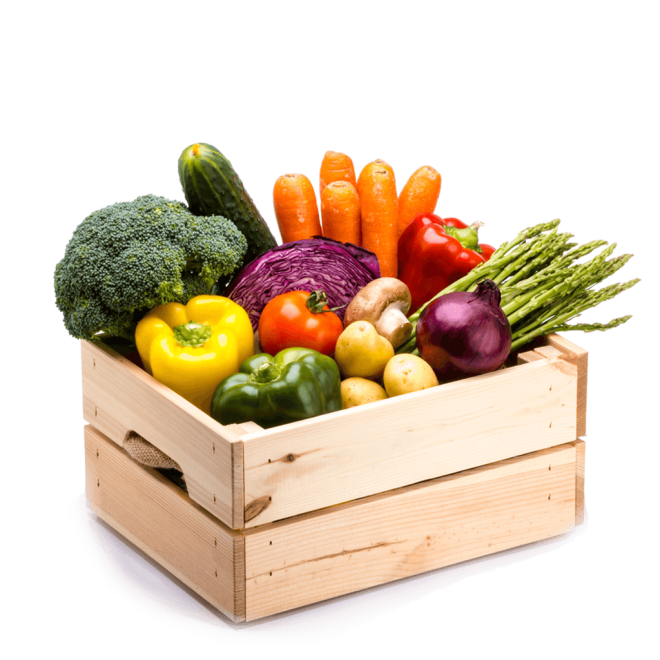 Caja mediana de madera con verduras y hortalizas ecológicas en su interior.