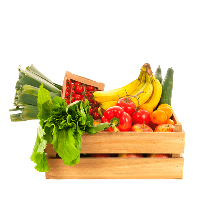 Caja mediana de madera con frutas, verduras y hortalizas ecológicas en su interior.