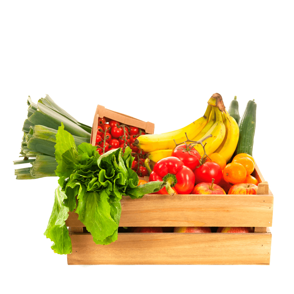 Caja mediana de madera con frutas, verduras y hortalizas ecológicas en su interior.